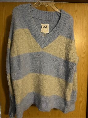 aerie Striped V-Neck Fuzzy Sweater in Light Blue & Cream
